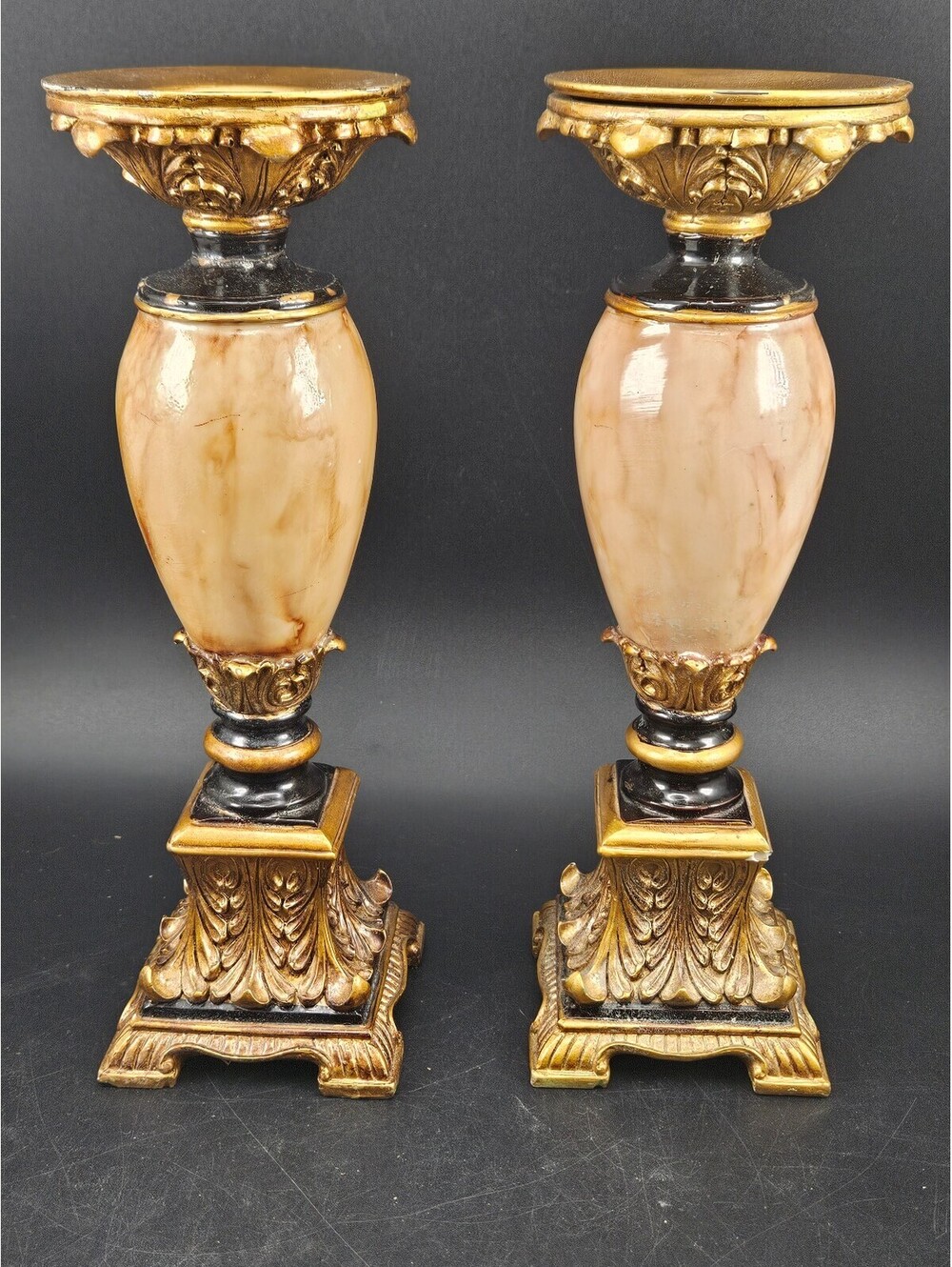 Pair of Gold Tone Marble Look Candlesticks